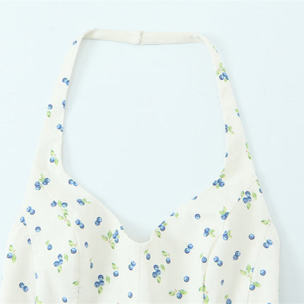 Summer New Women's Flower Print Hanging Collar Top
