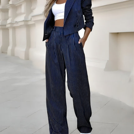 Women's Spring Fashion Striped Suits Casual Lapel Long Sleeve Cropped Top And Straight Pants Outfits Women's Clothing
