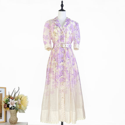 Lace Ruffled Short Sleeves Printed Style Dress