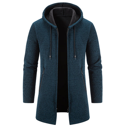 Autumn And Winter Fleece-lined Thickening Trendy Solid Color Men's Cardigan Mid-length Hooded Jacket