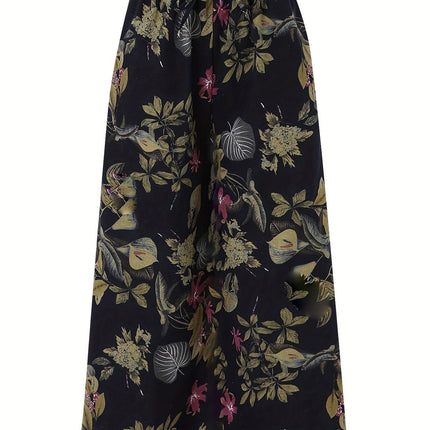 Plus Size Botanical Print Tie Women'S Casual Waisted Loose Wide Leg Pants