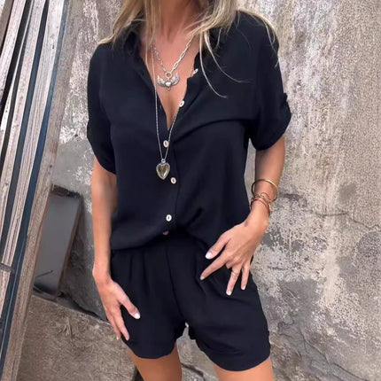 Short-sleeved Suits Fashion Lapel Button Shirt Top And Pocket Shorts Women's Clothing