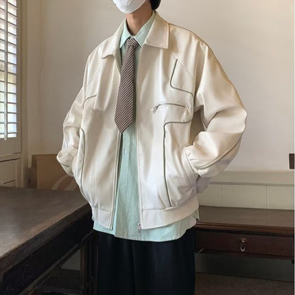 Men's Temperament Zipper Fashion Lapel Leather Coat