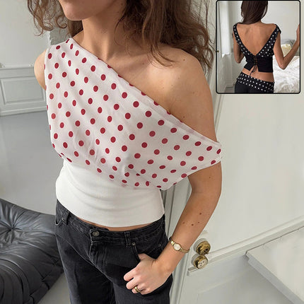 Polka Dots Print Oblique Shoulder Tops Summer Patchwork Chiffon Crop Top Women Sexy Sleeveless Lace Up Backless Blouse Casual Streetwear Tee