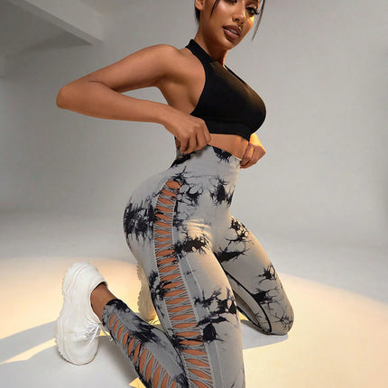 Cut Out Side Hollow Tie Dyed Yoga Pants, High Waist And Hip Lifting Fitness Pants With Side Hollow Seamless Sports Tights, Workout Gym Yoga Pants Scrunch Butt Lift Tights