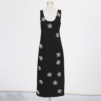 Chic Stitching Rhinestone Flower Design Sling Dress