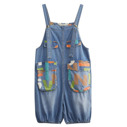 Women's Denim Printing Loose Leisure All-matching Suspender Pants
