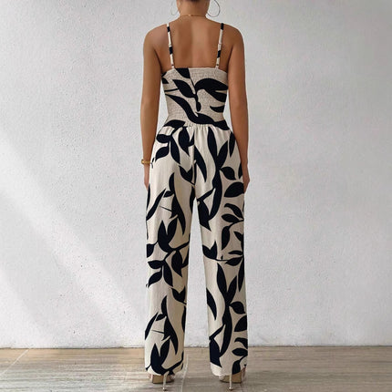 Fashion Floral Print Jumpsuit Elastic Waist Belt Jumpsuit