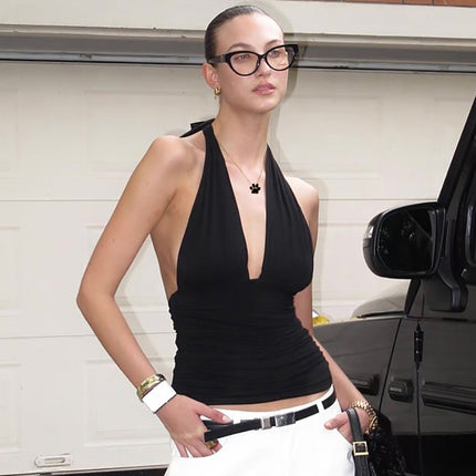 Ins Style Pure Color Halter V-neck Backless Slim Fit Top