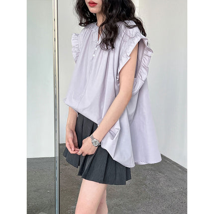 Casual Lace Ruffle Sleeve Shirt Top V-neck Buttons Pleated