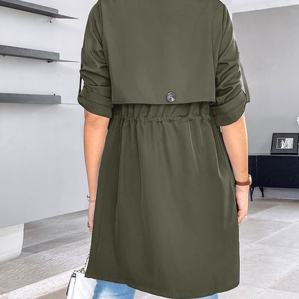 Loose Solid Color Waist Tight Rolled Sleeves Mid-length Trench Coat For Women