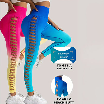 2 Pack Cut Out Ombre Gradient Color Hollow High-waist Butt-lifting Fitness Women's Yoga Pants, Women's High Waist Yoga Pants Cutout Ripped Super Soft And Comfortable Skinny