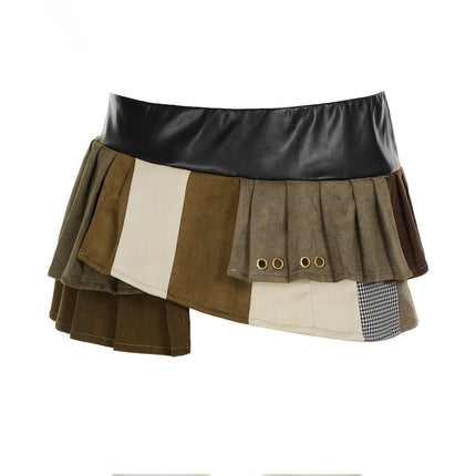 Retro Street Style Hot Girl Irregular Leather Patchwork Pleated Skirt