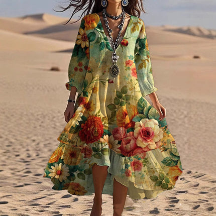 Fashion Flower Printed V-neck Mid-length Dress