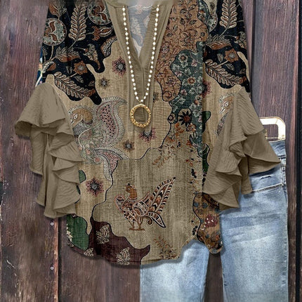 Women's Creative Printing Casual V-neck Lotus Sleeve T-shirt