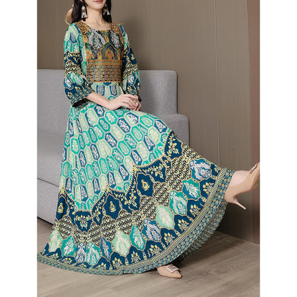 Women's Bohemian Print Maxi Dress, Ethnic Style Round Neck 3 4 Sleeve Embroidered Flowy Party Dress