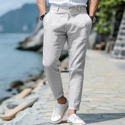 Men's Linen Summer Button Front Slant Pocket Straight-leg Trousers