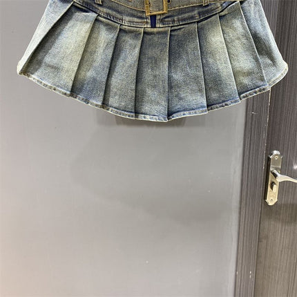 Hot Girl Retro Blue Low Waist Pleated Skirt