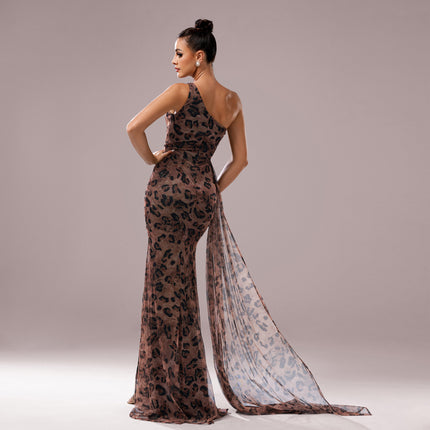 One-shoulder Diagonal Collar Leopard Sequined Evening Dress