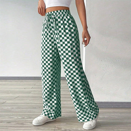 Chessboard Plaid Straight Polyester Wide-leg Pants