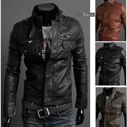 Fashionable Men's Stand Collar Motorcycle Leather Jacket