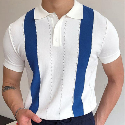 Men's White Striped Slim-fit Short-sleeved Sweater
