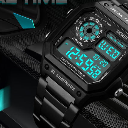 Business steel belt electronic watch double display multi-function sports waterproof watch