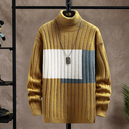 Square Color Stitching Thickened Turtleneck Men's Knitted Sweater