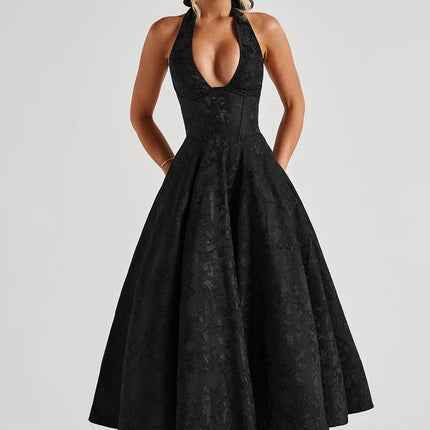 Elegant V-Neck Halter Floral Jacquard Evening Dress - Backless Sleeveless A-Line Gown With Waist Accent For Women