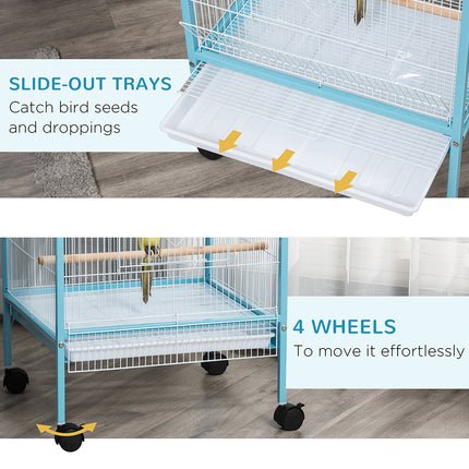 55inch 2 In 1 Bird Cage Aviary Parakeet House For Finches, Budgies With Wheels, Light Blue