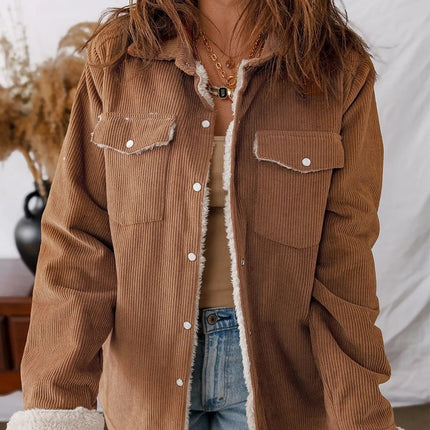Cinnamon Fleece Lined Buttoned Flap Pockets Corduroy Jacket