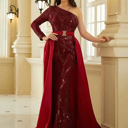 Women's Sequined Solid Color Mid-waist Red Banquet Dress