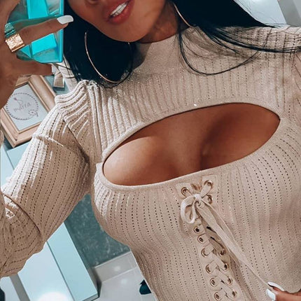 New style long-sleeved tie high neck knitted top