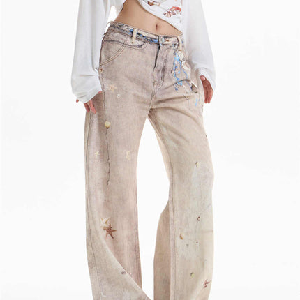 Retro Chain Print Worn Jeans Women's Straight Wide-leg Pants