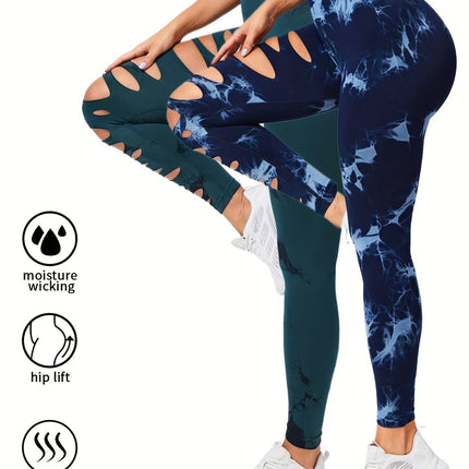 2 Pack Hollow Sexy High Elastic Women's Tie Dye Cutout Tights High Waist Workout Yoga Leggings, Scrunch Butt Lifting Elastic Pants, Tummy Control Butt Lifting Workout Yoga Athletic Pants
