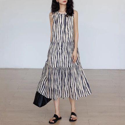 Round Neck Loose Stripe A- Word Vacation Style Midi Dress