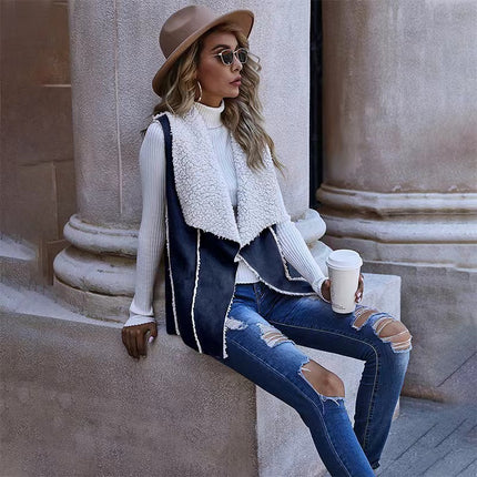 Sleeveless Simple Reverse Large Lapel Coat Suede Vest