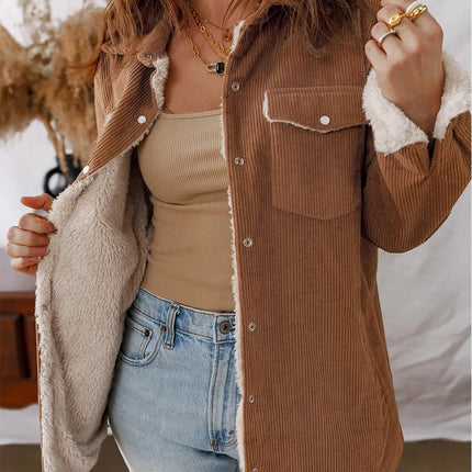 Cinnamon Fleece Lined Buttoned Flap Pockets Corduroy Jacket
