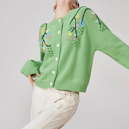 Green Handmade Three-dimensional Embroidered Round Neck Knitted Cardigan For Women