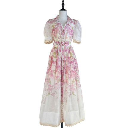 Lace Ruffled Short Sleeves Printed Style Dress