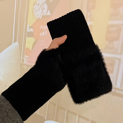 Plush Spliced Knitted Gloves, Fashionable Solid Color Fingerless Gloves With Thumb Holes, Soft And Multi-functional Writing Gloves For Cold Protection In Autumn And Winter