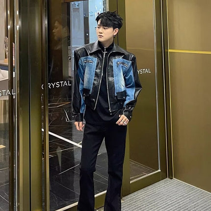 High-grade Stitching PU Leather Coat Cross-border Denim Coat