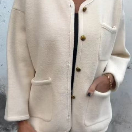 Women's Round Neck Long Sleeve Woolen Coat