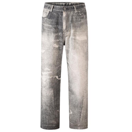 Men's Daddy Pants Ground White Gray Wash Hole With Cat Whisker Jeans