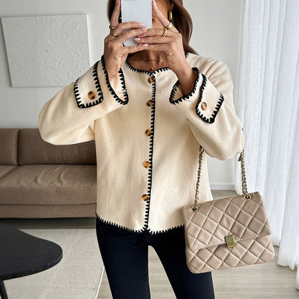 Color-contrasting Stripe Cardigan European And American Ladies Loose Polar Fleece Crew Neck Coat