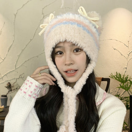 Fashion Striped Bow Plush Earmuffs Hat Women