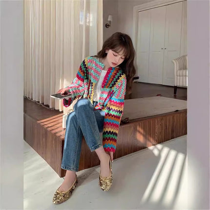 Sweet Heavy Industry Color Woven Crochet Loose Slim Long Sleeve Sweater
