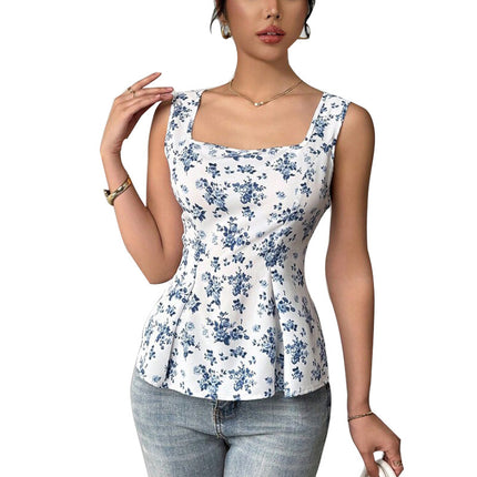 Vacation Style Floral Small Vest Sling Top Drawstring
