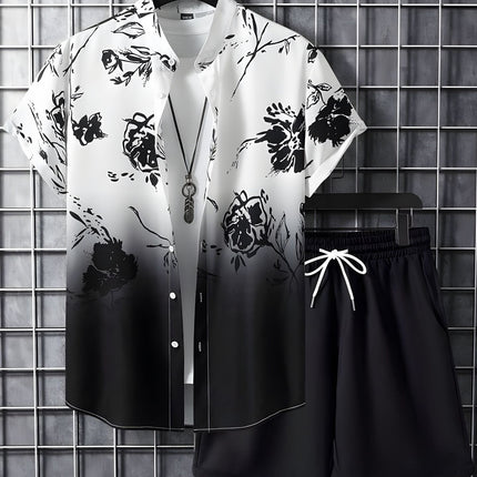 Black And White Striped Hawaiian Men's Shirt Set