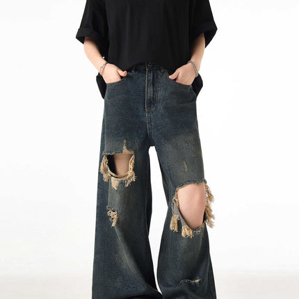 Couple Hole Worn Jeans Wide-leg Pants